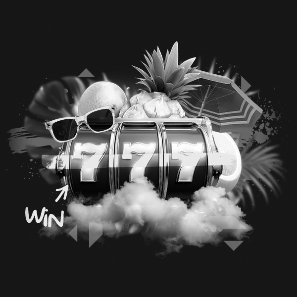 Kasínový valec s tromi sedmičkami, ktoré symbolizujú výhru a letnými prvkami ako palmy, okuliare, slnečník.